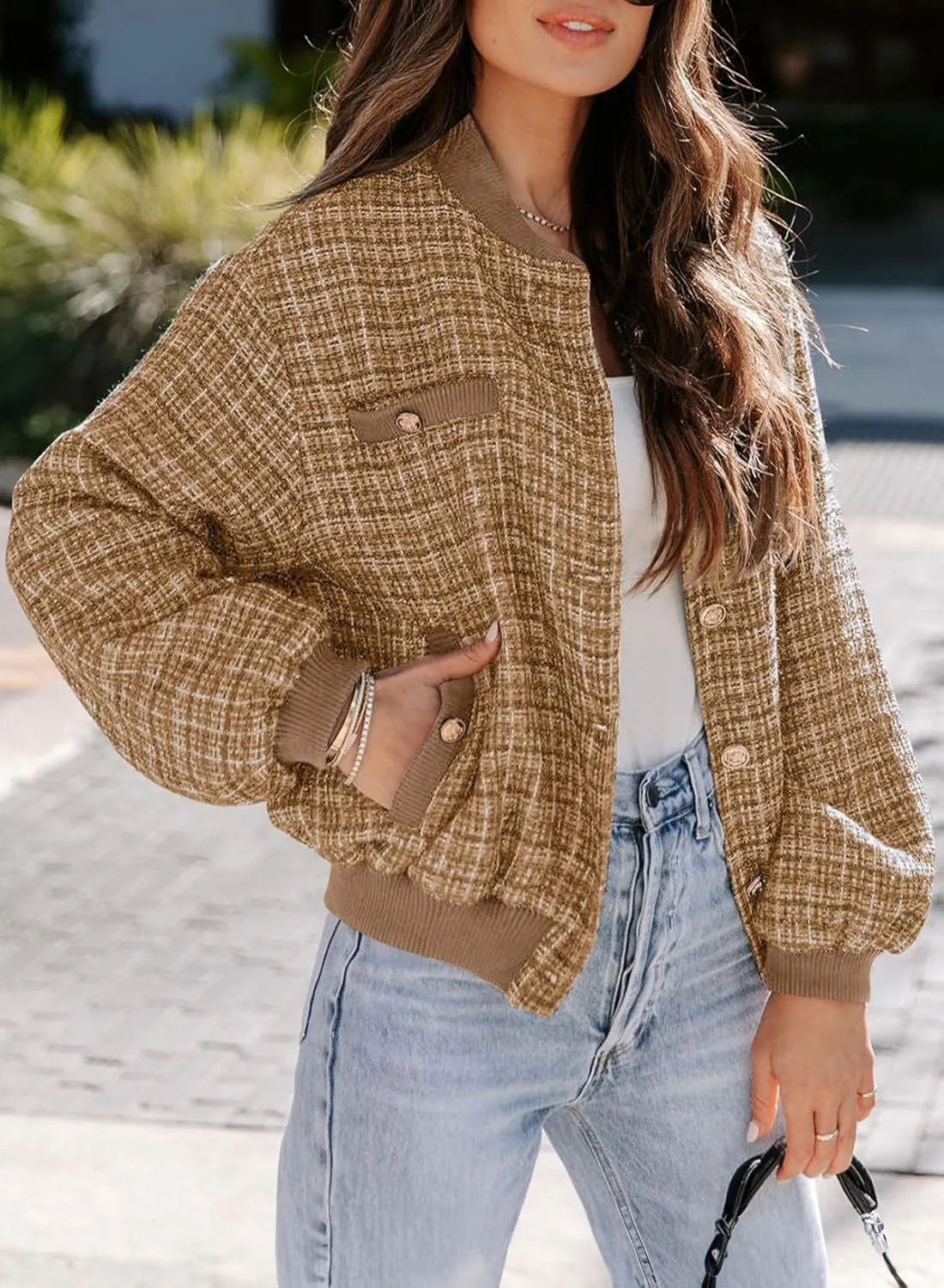 EVALESS Fashion Jacket for Women 2024 Fall Winter Trendy Button Short Shacket Long Sleeve Plaid Cropped Jackets