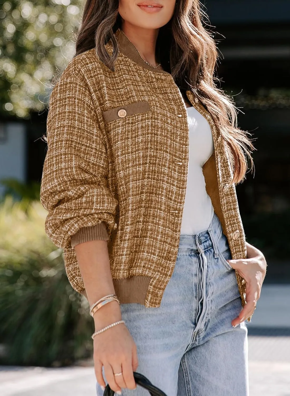 EVALESS Fashion Jacket for Women 2024 Fall Winter Trendy Button Short Shacket Long Sleeve Plaid Cropped Jackets