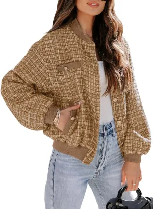 EVALESS Fashion Jacket for Women 2024 Fall Winter Trendy Button Short Shacket Long Sleeve Plaid Cropped Jackets