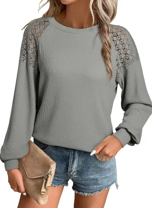 EVALESS Womens Long Sleeve Tops Dressy Casual Crewneck Waffle Lace Patchwork Knit T Shirts Trendy Loose Blouses