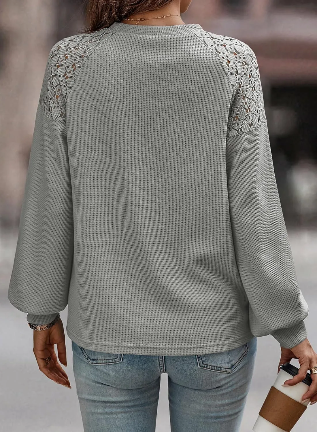 EVALESS Womens Long Sleeve Tops Dressy Casual Crewneck Waffle Lace Patchwork Knit T Shirts Trendy Loose Blouses