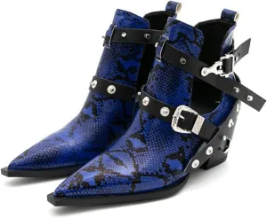 FAIRSOMA Women'S Cutout Snakeskin Chunky Heels Ankle Boots With Double Buckle,Casual Cutout Stacked Mid-Heels Pointed Toe Chelsea Western Booties Dress Jeans Booties