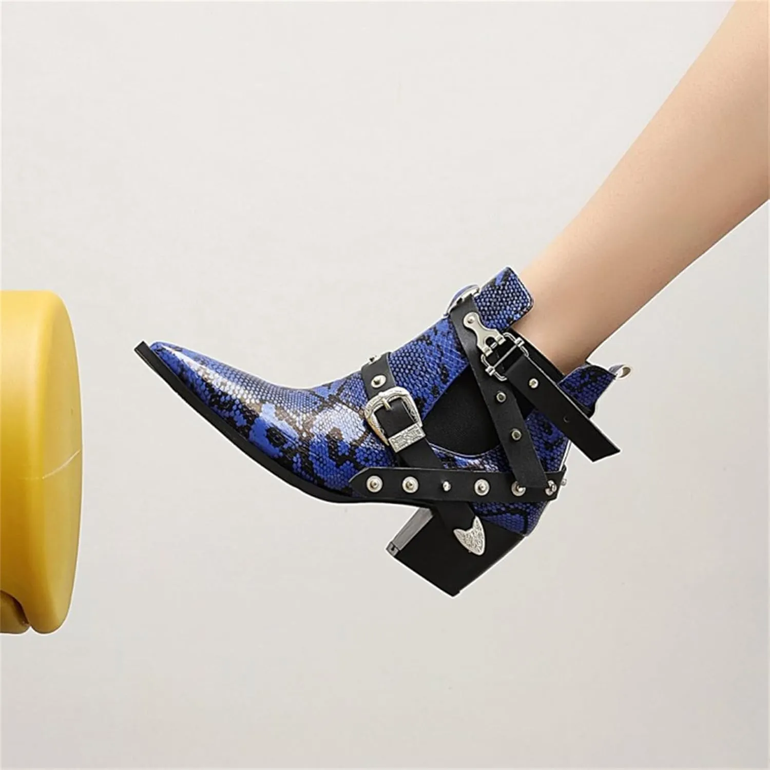 FAIRSOMA Women'S Cutout Snakeskin Chunky Heels Ankle Boots With Double Buckle,Casual Cutout Stacked Mid-Heels Pointed Toe Chelsea Western Booties Dress Jeans Booties
