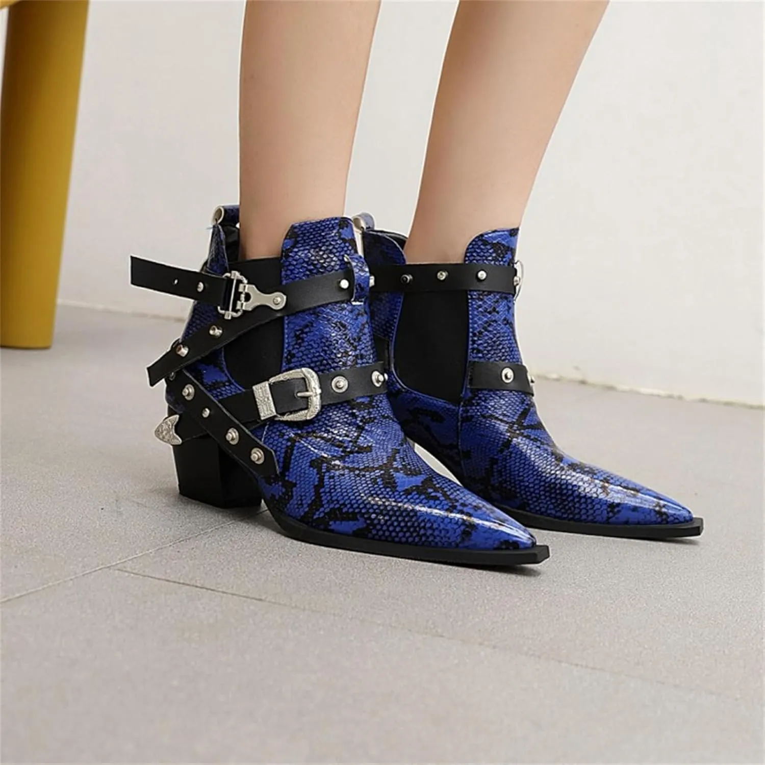 FAIRSOMA Women'S Cutout Snakeskin Chunky Heels Ankle Boots With Double Buckle,Casual Cutout Stacked Mid-Heels Pointed Toe Chelsea Western Booties Dress Jeans Booties