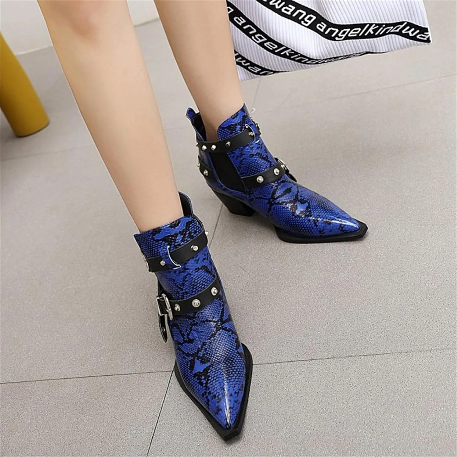 FAIRSOMA Women'S Cutout Snakeskin Chunky Heels Ankle Boots With Double Buckle,Casual Cutout Stacked Mid-Heels Pointed Toe Chelsea Western Booties Dress Jeans Booties