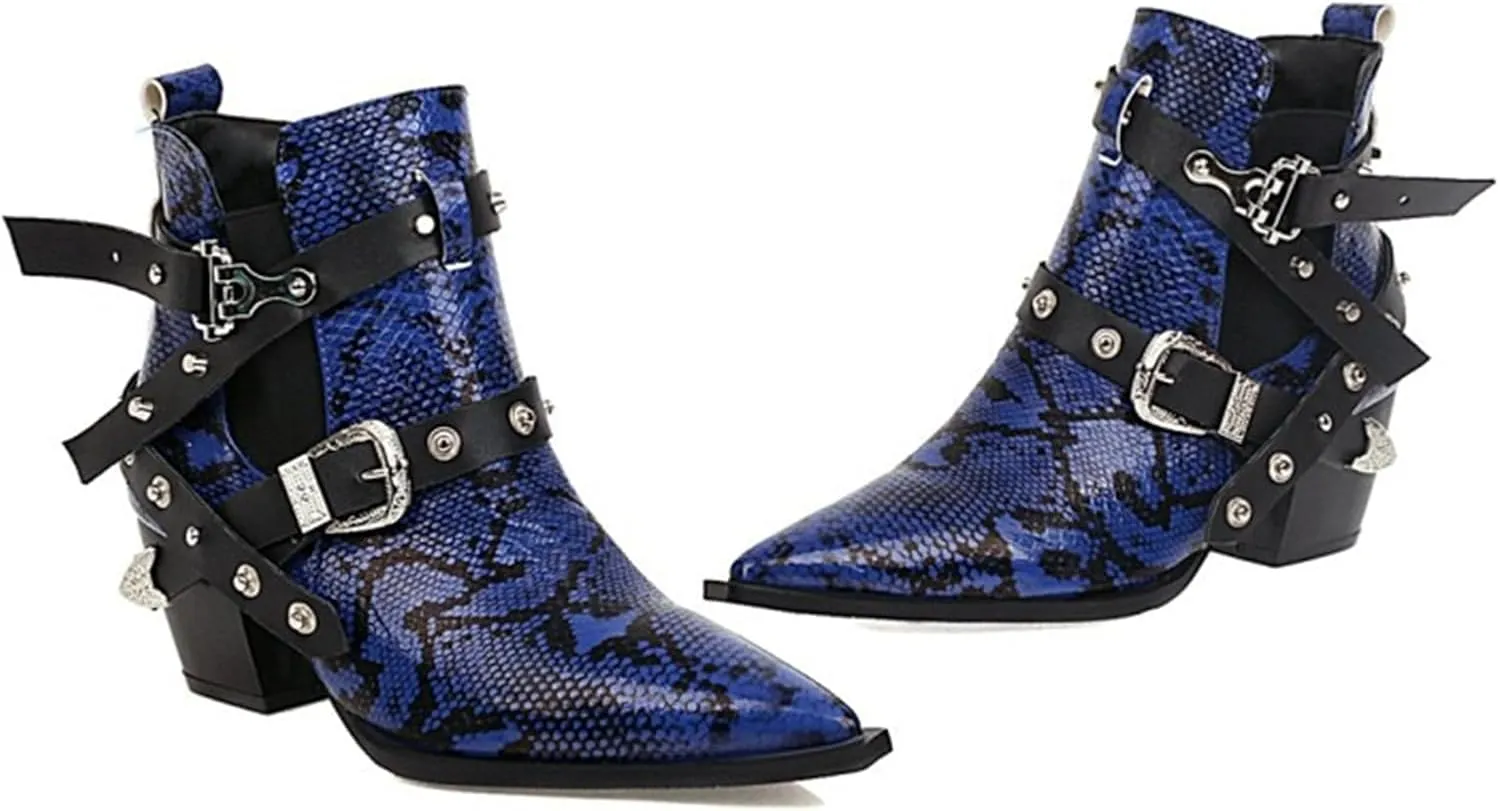 FAIRSOMA Women'S Cutout Snakeskin Chunky Heels Ankle Boots With Double Buckle,Casual Cutout Stacked Mid-Heels Pointed Toe Chelsea Western Booties Dress Jeans Booties