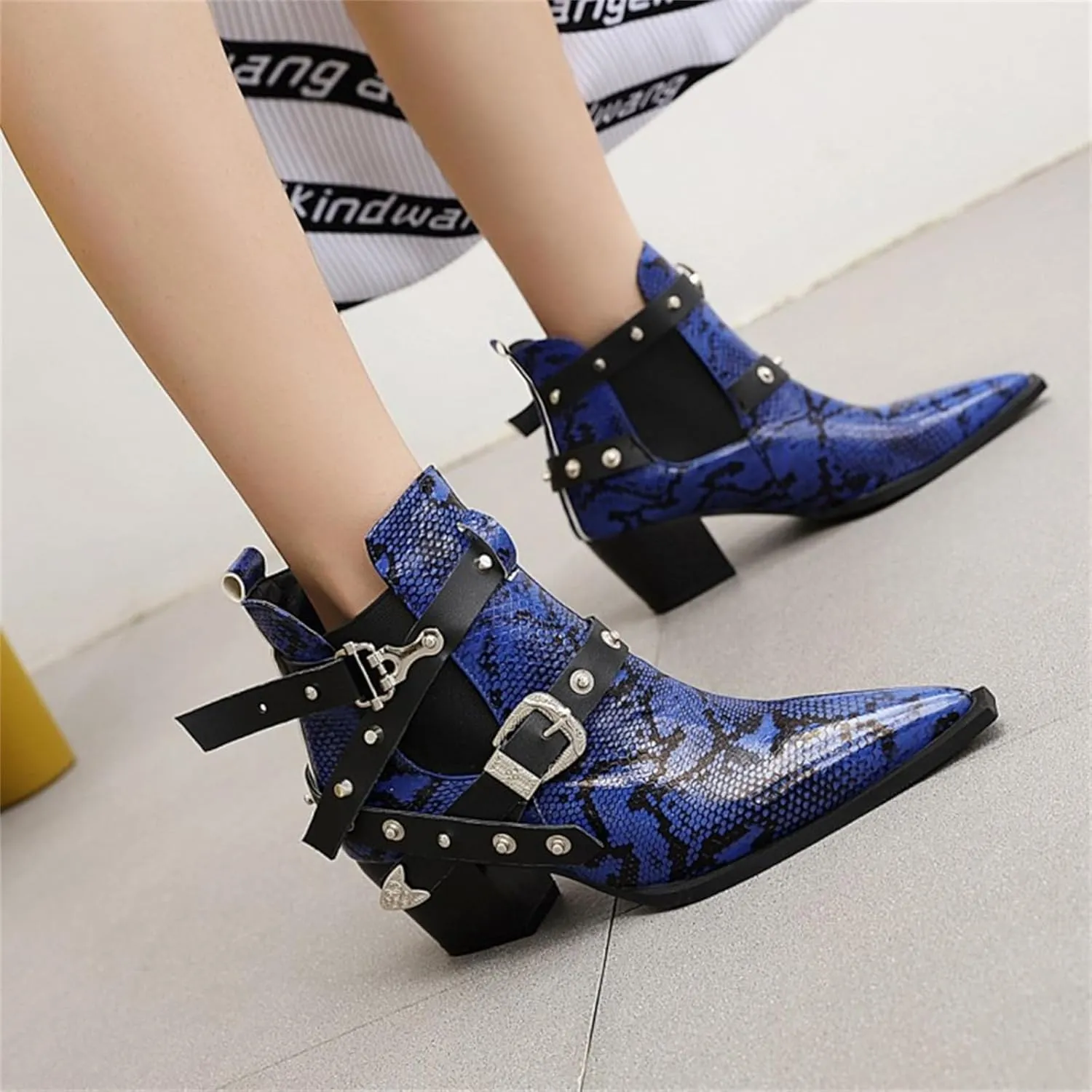 FAIRSOMA Women'S Cutout Snakeskin Chunky Heels Ankle Boots With Double Buckle,Casual Cutout Stacked Mid-Heels Pointed Toe Chelsea Western Booties Dress Jeans Booties