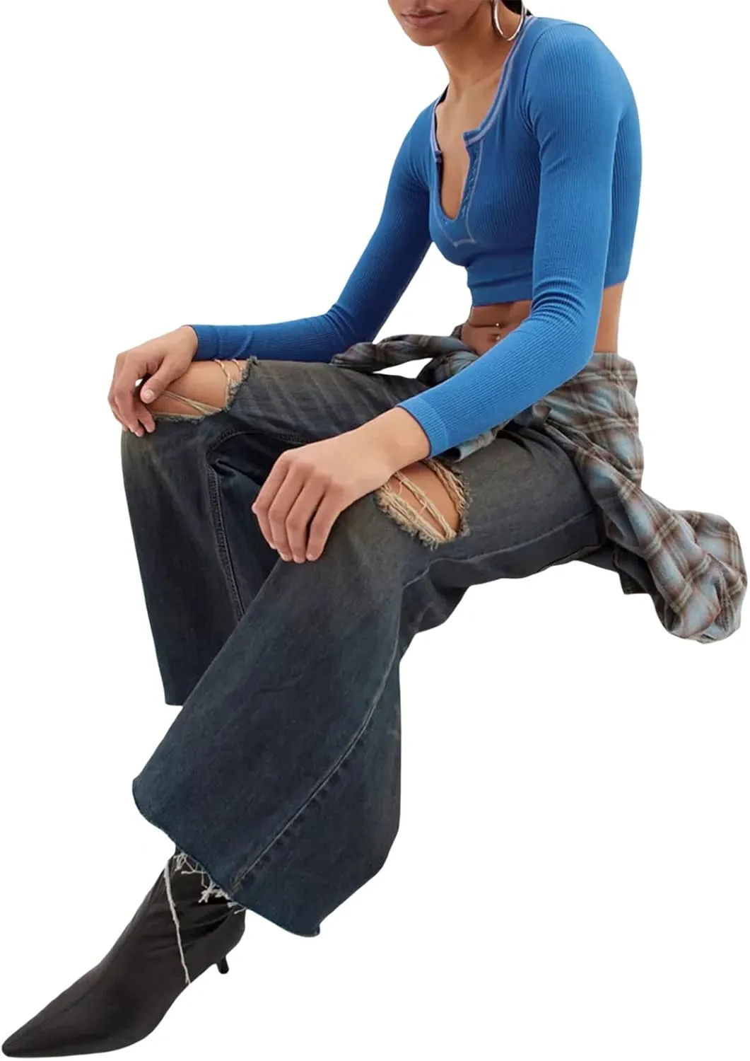 Fanvereka Y2K Women Retro V-Neck Long Sleeve Ribbed Shirt Fall Winter Urban Going Out Crop Top for Teen Young Girl Streetwear