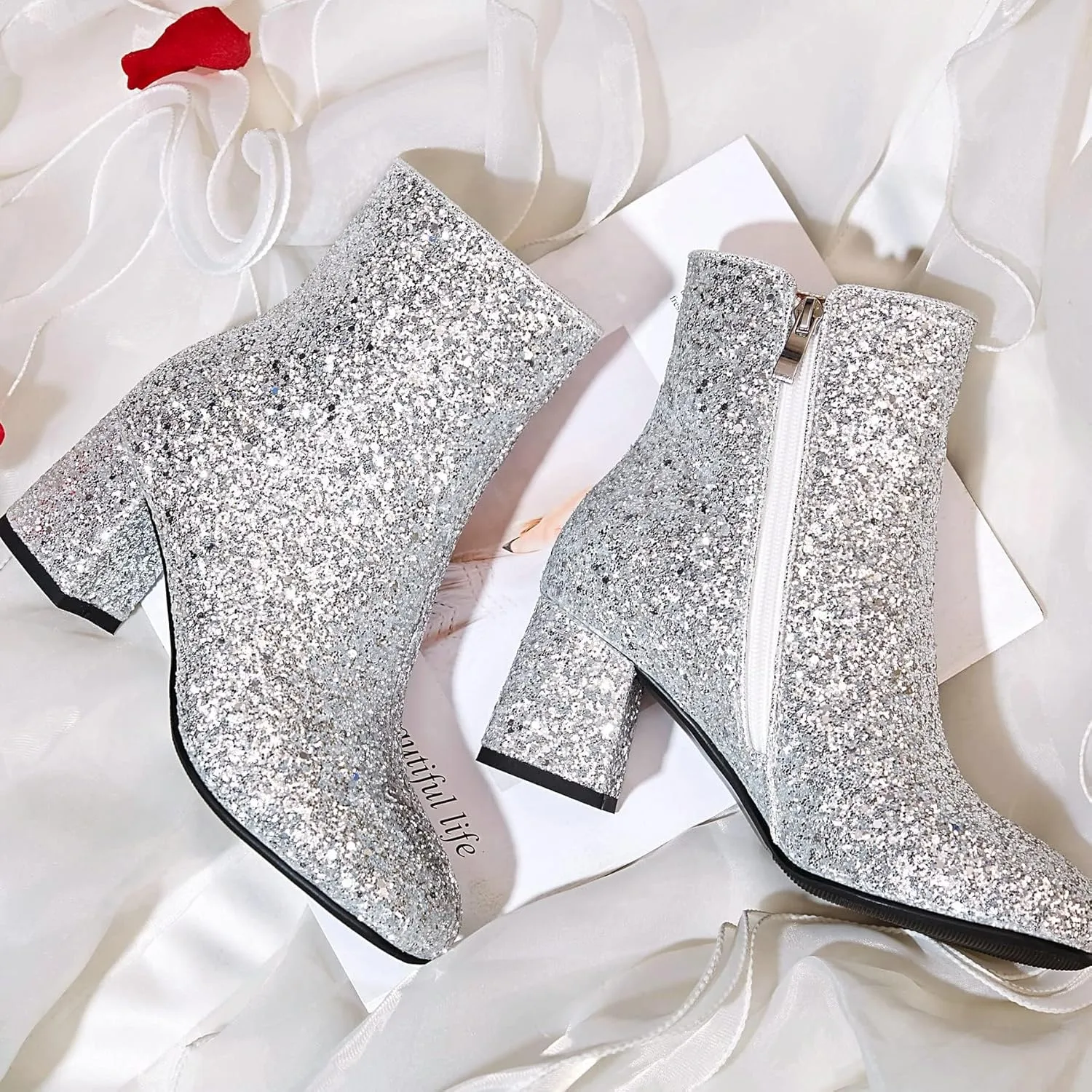 FIFSY Women Sparkly Ankle Boots Sequin Glitter Booties Chunky High Heels