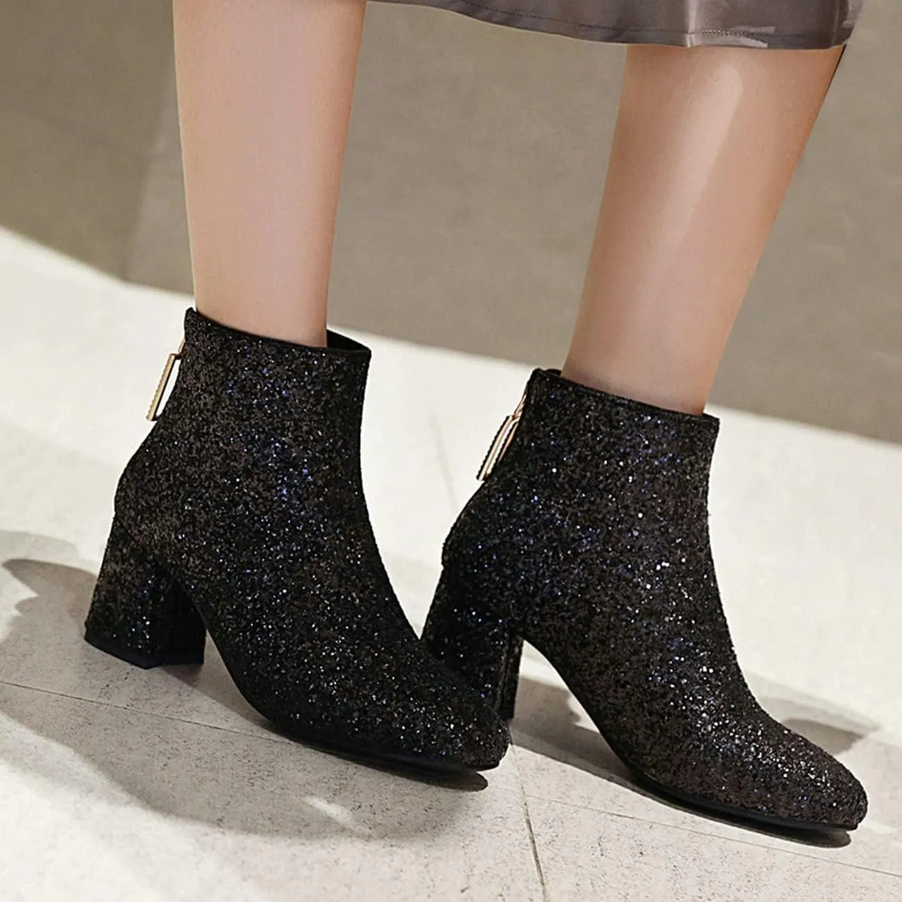 FIFSY Women Sparkly Block Heel Ankle Boots Shiny Heeled Sequin Glitter Boots
