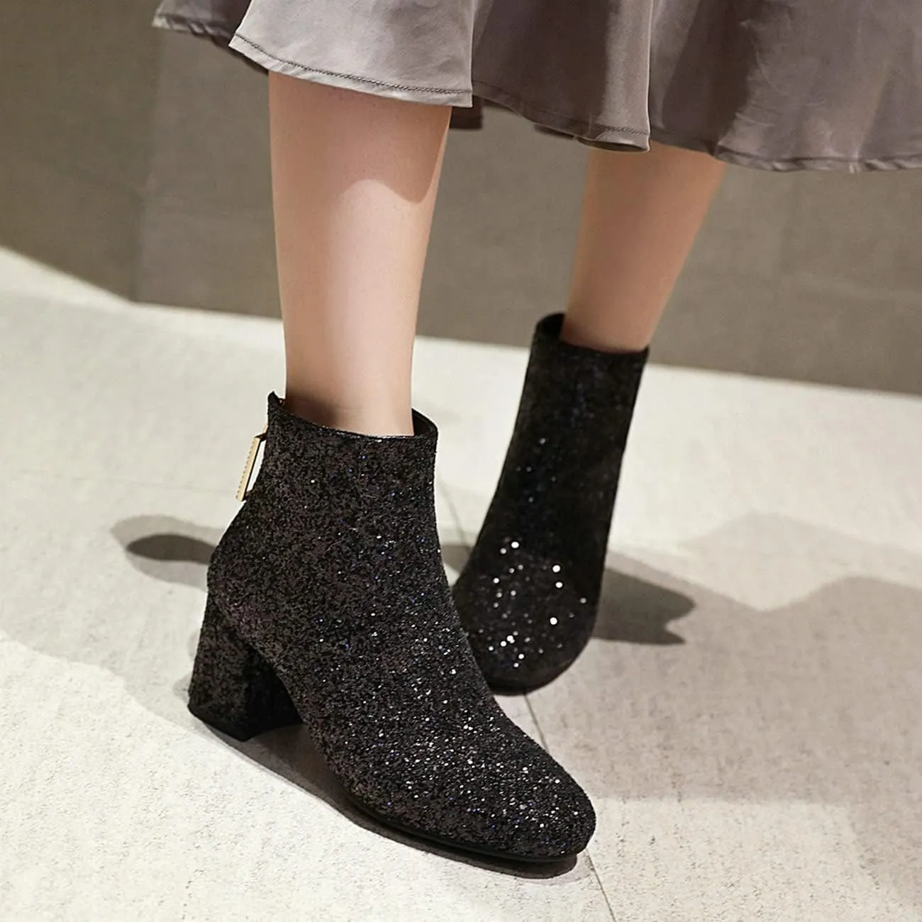 FIFSY Women Sparkly Block Heel Ankle Boots Shiny Heeled Sequin Glitter Boots