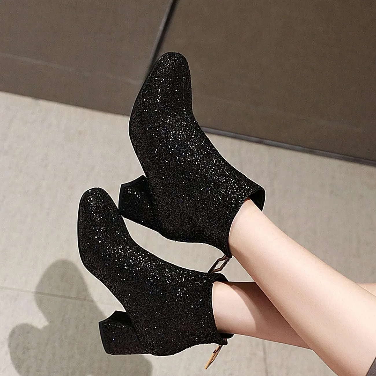 FIFSY Women Sparkly Block Heel Ankle Boots Shiny Heeled Sequin Glitter Boots