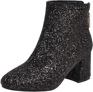 FIFSY Women Sparkly Block Heel Ankle Boots Shiny Heeled Sequin Glitter Boots