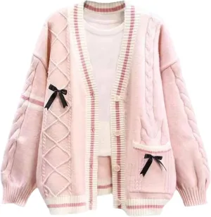 FindThy Women’s Kawaii JK School Uniform Cardigans Long Sleeve Button Up Cardigan with Pinned Bowknot