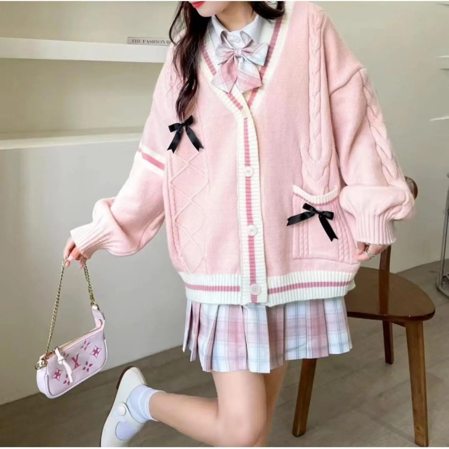 FindThy Women’s Kawaii JK School Uniform Cardigans Long Sleeve Button Up Cardigan with Pinned Bowknot
