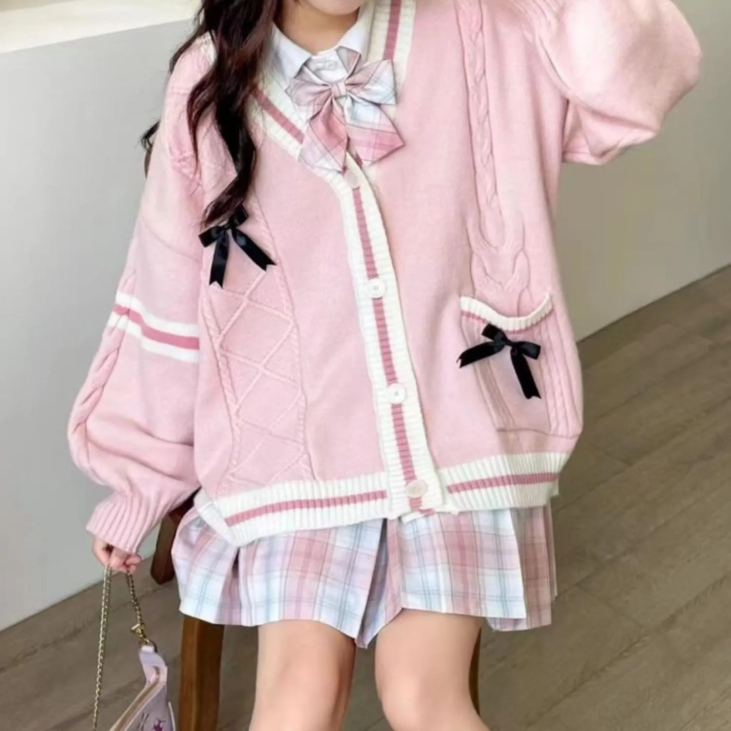 FindThy Women’s Kawaii JK School Uniform Cardigans Long Sleeve Button Up Cardigan with Pinned Bowknot