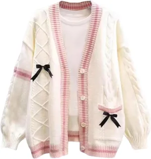 FindThy Women’s Kawaii JK School Uniform Cardigans Long Sleeve Button Up Cardigan with Pinned Bowknot