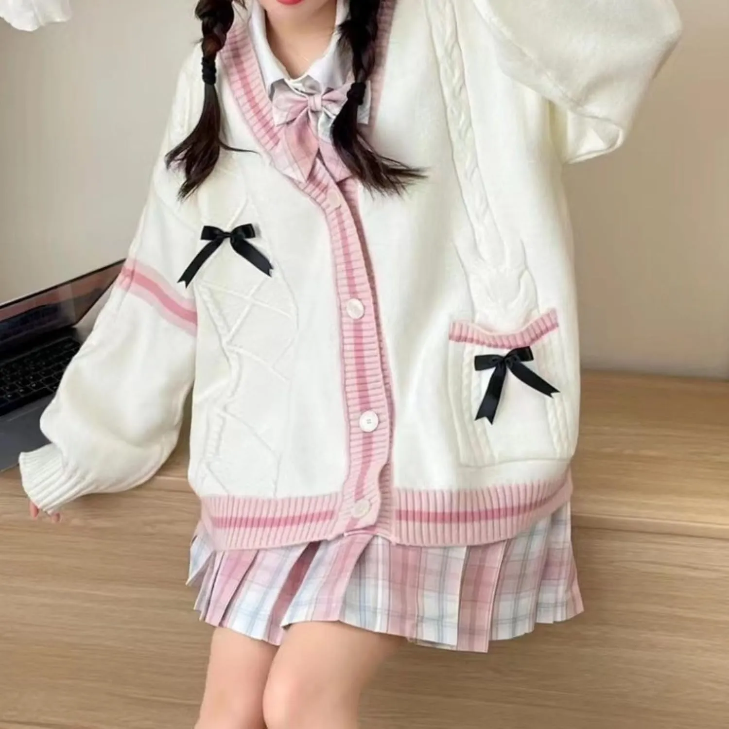 FindThy Women’s Kawaii JK School Uniform Cardigans Long Sleeve Button Up Cardigan with Pinned Bowknot
