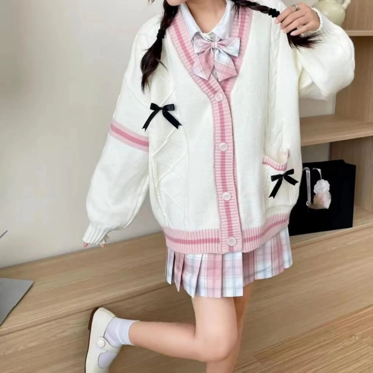 FindThy Women’s Kawaii JK School Uniform Cardigans Long Sleeve Button Up Cardigan with Pinned Bowknot
