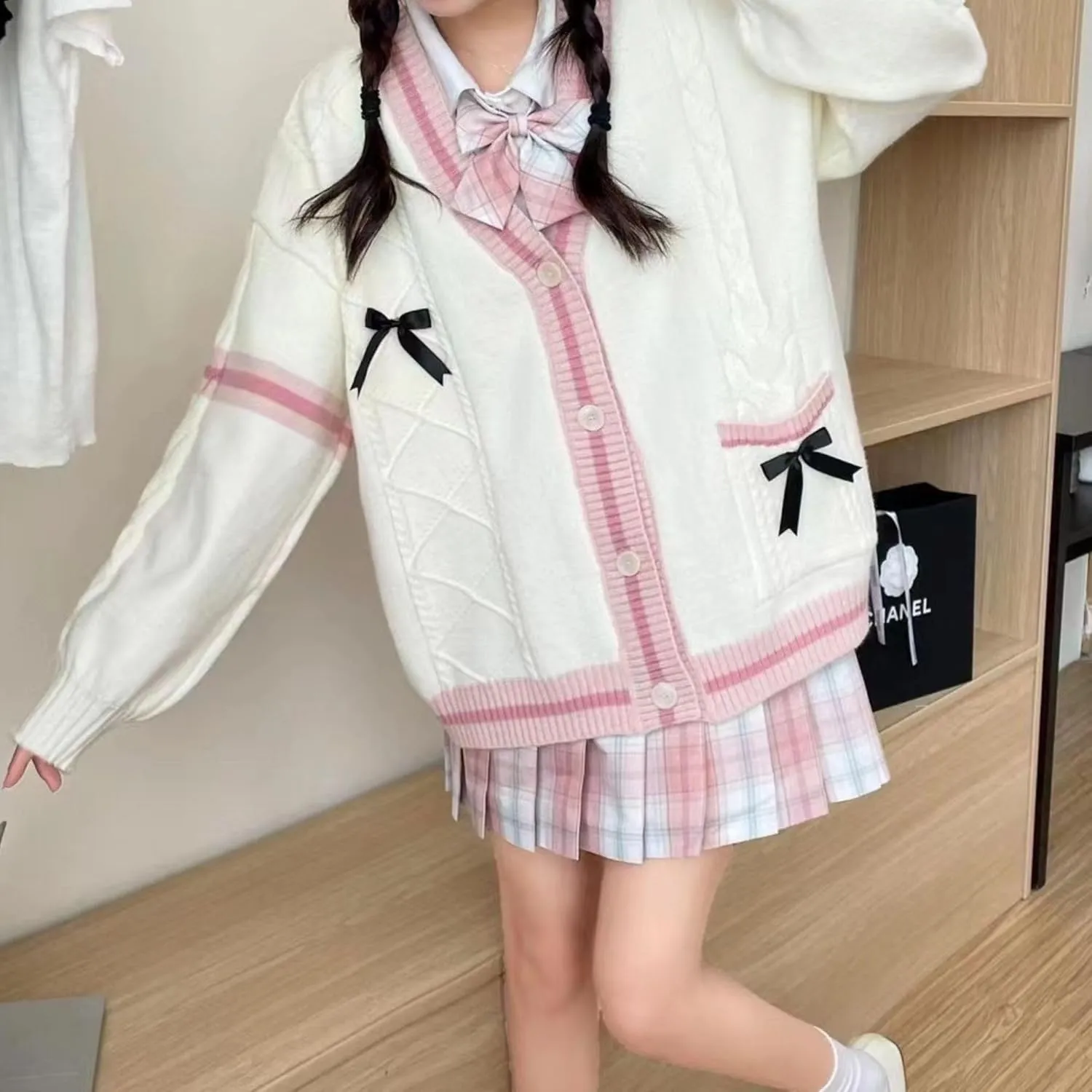 FindThy Women’s Kawaii JK School Uniform Cardigans Long Sleeve Button Up Cardigan with Pinned Bowknot