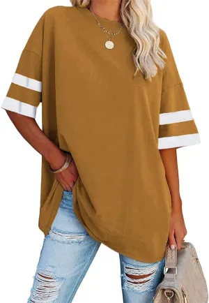 Fisoew Womens Oversized Tees Loose T Shirts Half Sleeve Crew Neck Color Block Cotton Tunic Tops