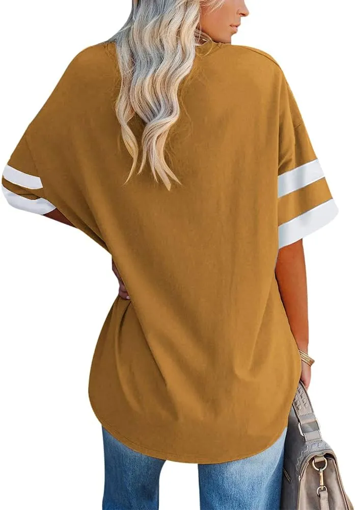 Fisoew Womens Oversized Tees Loose T Shirts Half Sleeve Crew Neck Color Block Cotton Tunic Tops