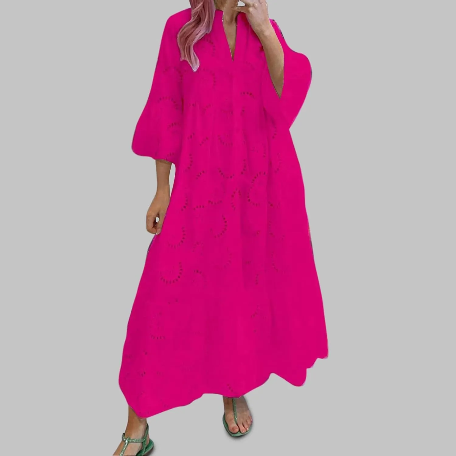 Floral Dress for Women Tank Loose Sundress,Summer French V Neck Flared Sleeves Lace Openwork Cotton Sexy Long Dress A