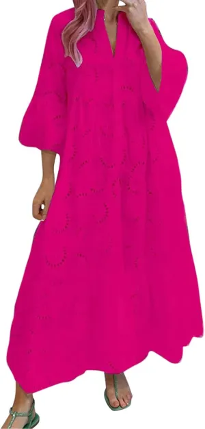 Floral Dress for Women Tank Loose Sundress,Summer French V Neck Flared Sleeves Lace Openwork Cotton Sexy Long Dress A