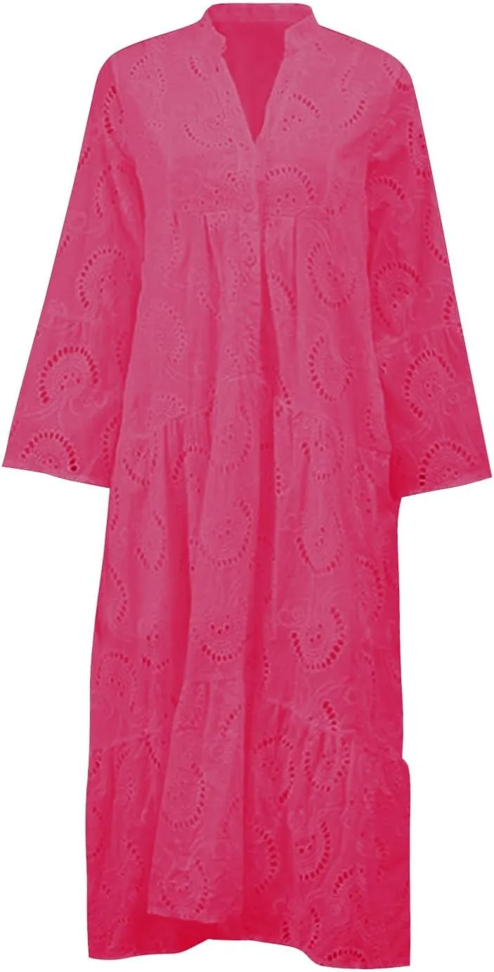 Floral Dress for Women Tank Loose Sundress,Summer French V Neck Flared Sleeves Lace Openwork Cotton Sexy Long Dress A