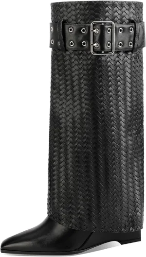 Fold Over Boots for Women Wedge Heel Knee Buckle Shark Boots Braided Leather Side Zipper High Heel Boots