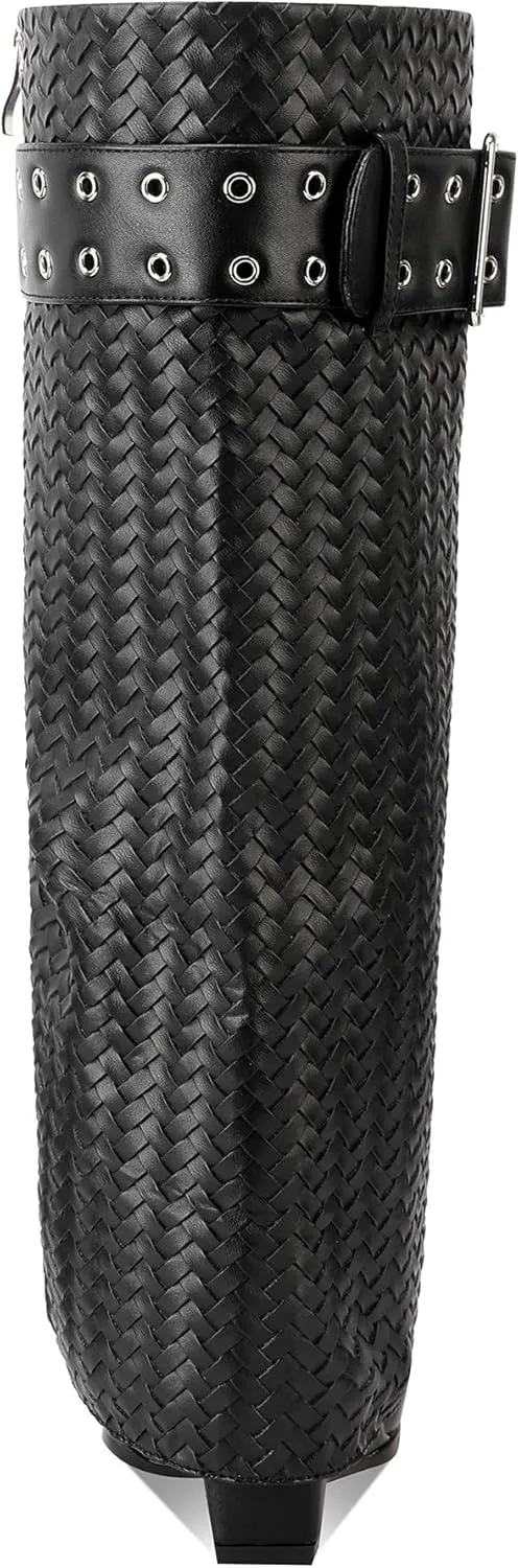 Fold Over Boots for Women Wedge Heel Knee Buckle Shark Boots Braided Leather Side Zipper High Heel Boots