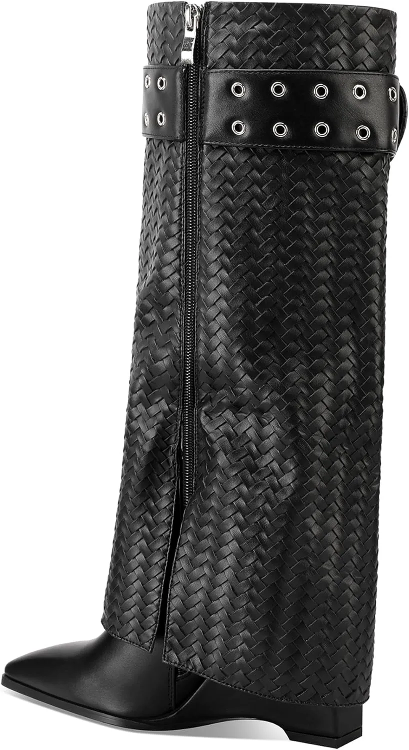 Fold Over Boots for Women Wedge Heel Knee Buckle Shark Boots Braided Leather Side Zipper High Heel Boots
