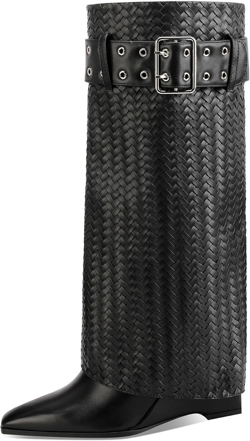 Fold Over Boots for Women Wedge Heel Knee Buckle Shark Boots Braided Leather Side Zipper High Heel Boots