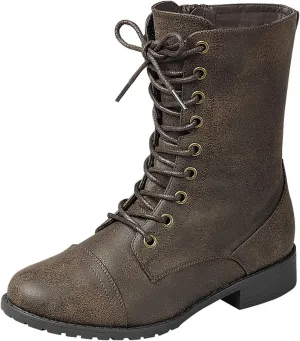Forever Link Womens Round Toe Military Lace up Knit Ankle Cuff Low Heel Combat Boots