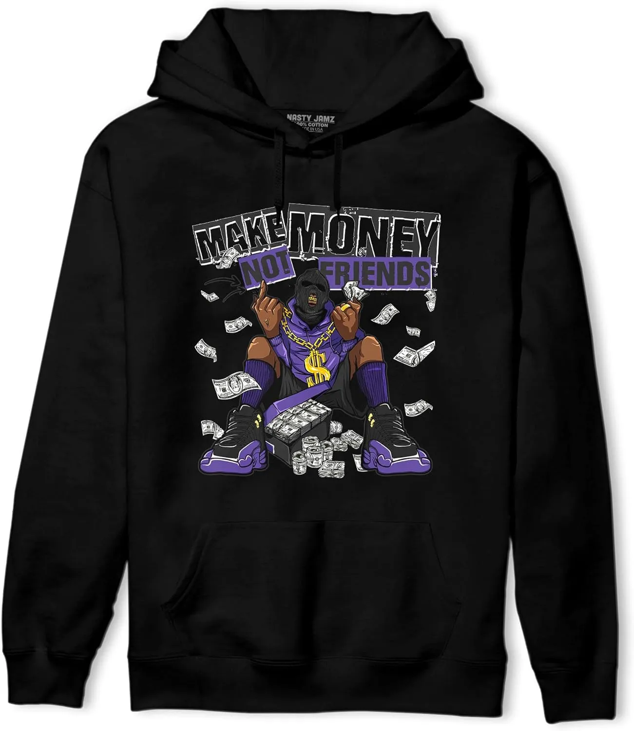 Generic Make Money Not Friends Hoodie To Match 12s Field Purple - Sneaker Matching Shirt, Unisex Hoodies Match Sneakers, Urban Streetwear Clothing, Sneaker Graphic Hoodie Design Printed, Black, White