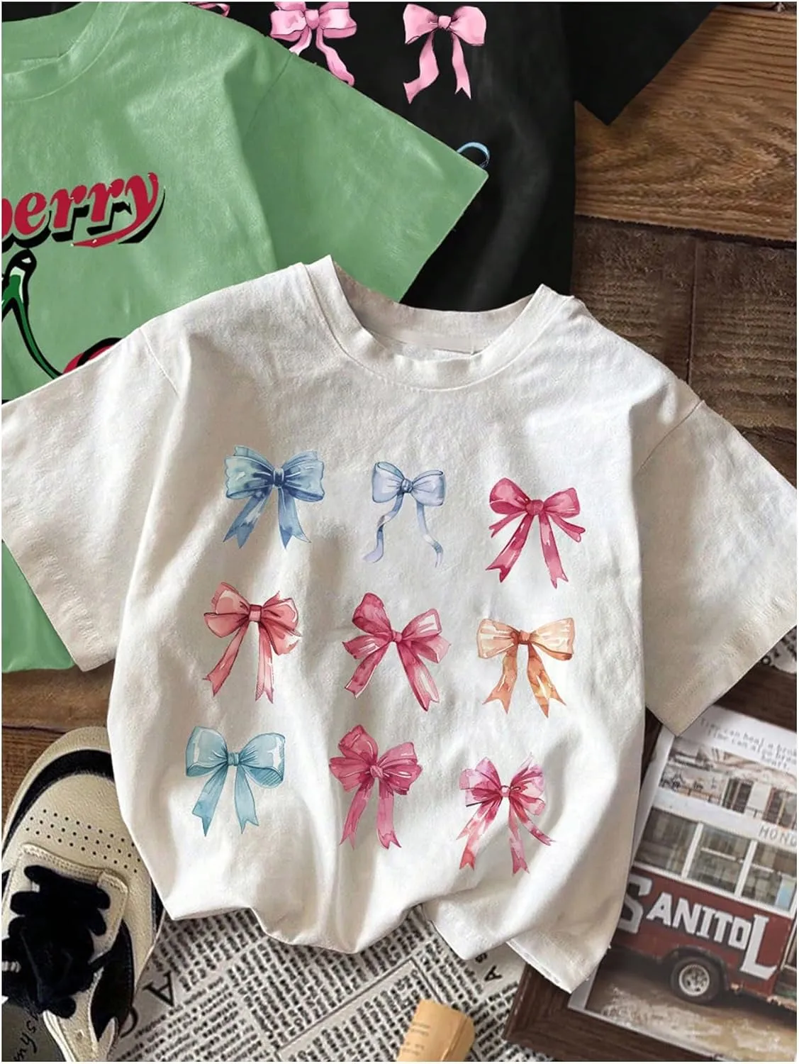 Girl's Bow Cherry Graphic Tees Short Sleeve Crewneck Cute T Shirts Tops for Teens Summer Tops