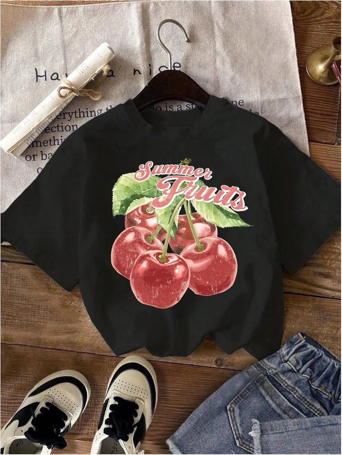 Girl's Bow Cherry Graphic Tees Short Sleeve Crewneck Cute T Shirts Tops for Teens Summer Tops