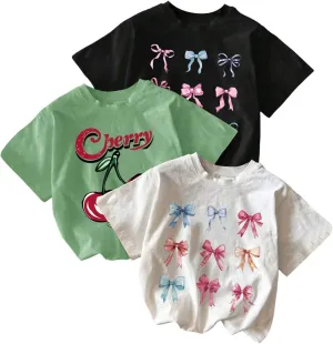 Girl's Bow Cherry Graphic Tees Short Sleeve Crewneck Cute T Shirts Tops for Teens Summer Tops