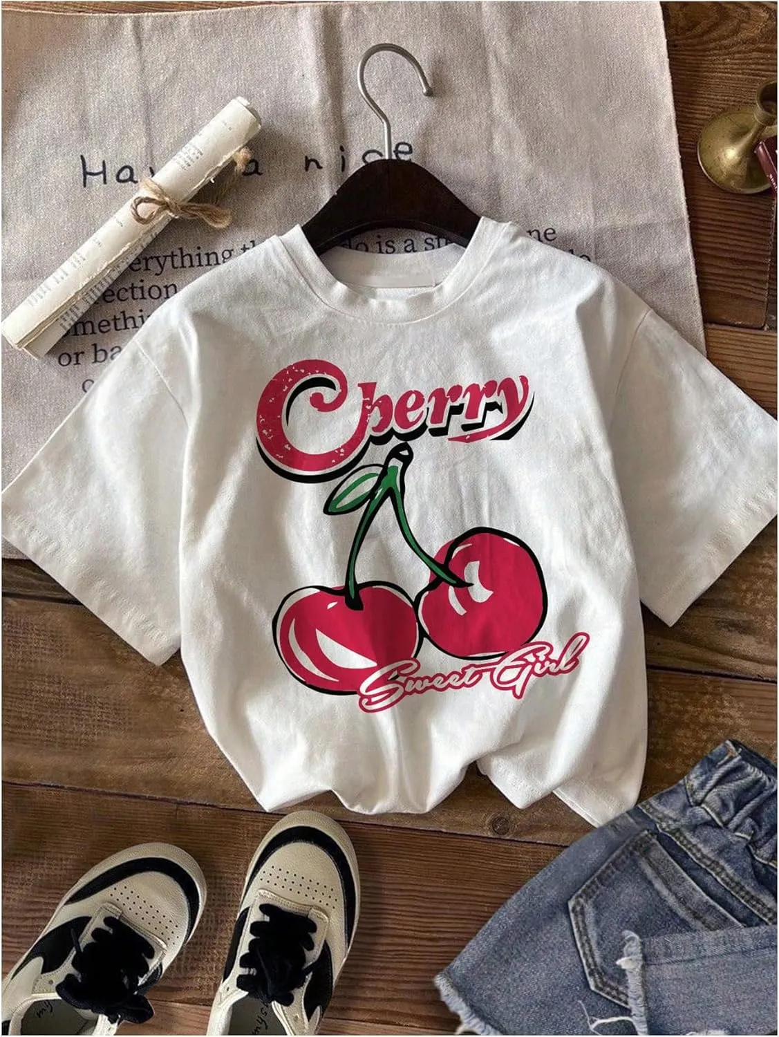 Girl's Bow Cherry Graphic Tees Short Sleeve Crewneck Cute T Shirts Tops for Teens Summer Tops