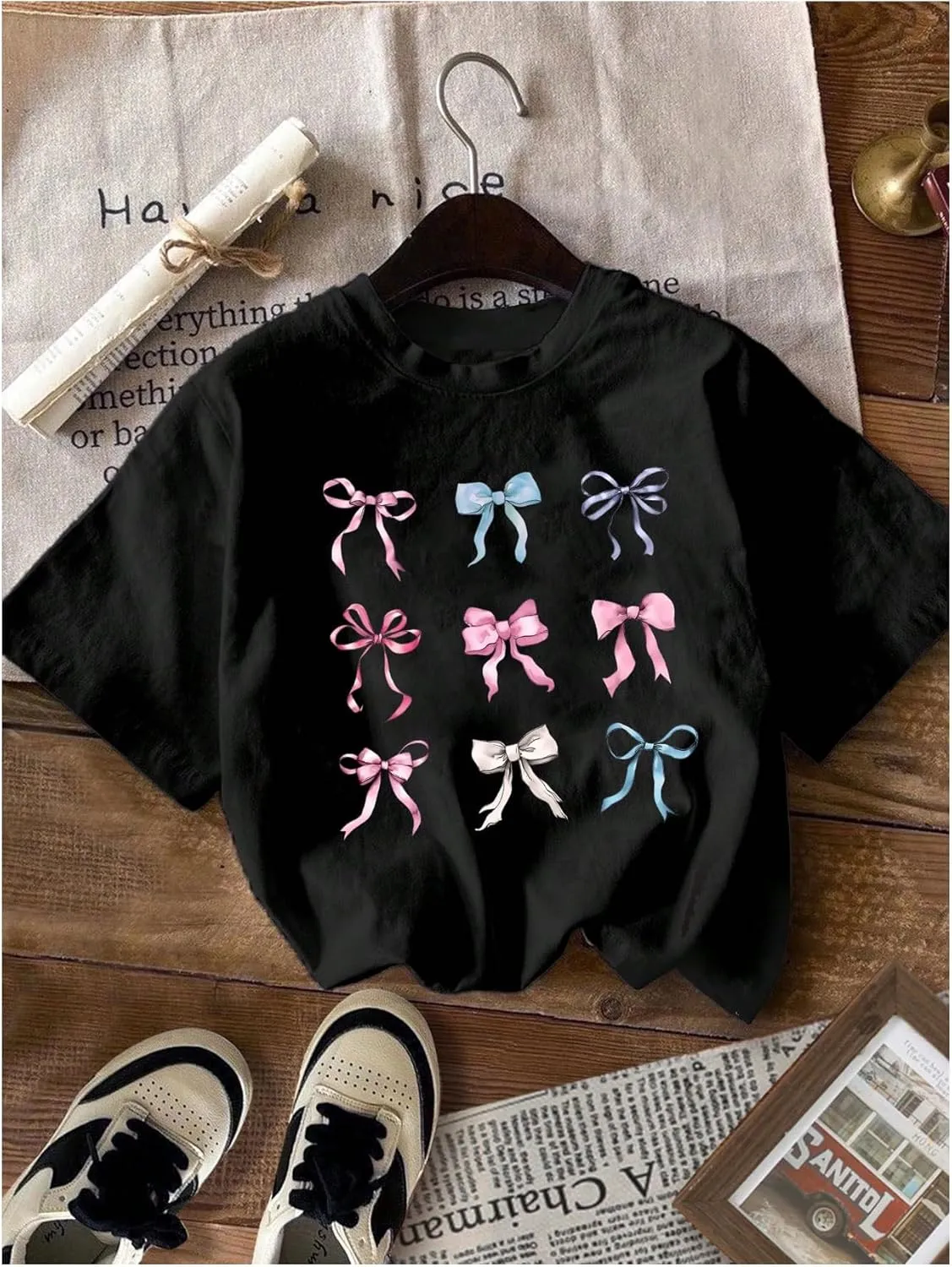 Girl's Bow Cherry Graphic Tees Short Sleeve Crewneck Cute T Shirts Tops for Teens Summer Tops