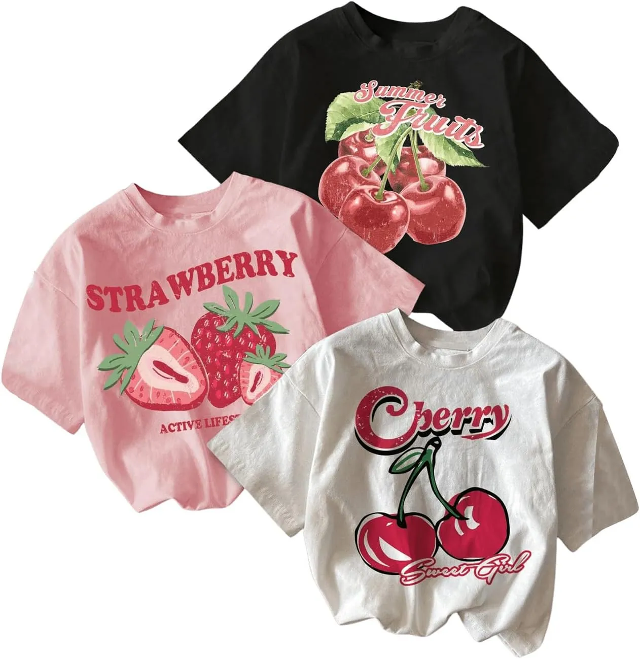 Girl's Bow Cherry Graphic Tees Short Sleeve Crewneck Cute T Shirts Tops for Teens Summer Tops