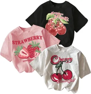 Girl's Bow Cherry Graphic Tees Short Sleeve Crewneck Cute T Shirts Tops for Teens Summer Tops