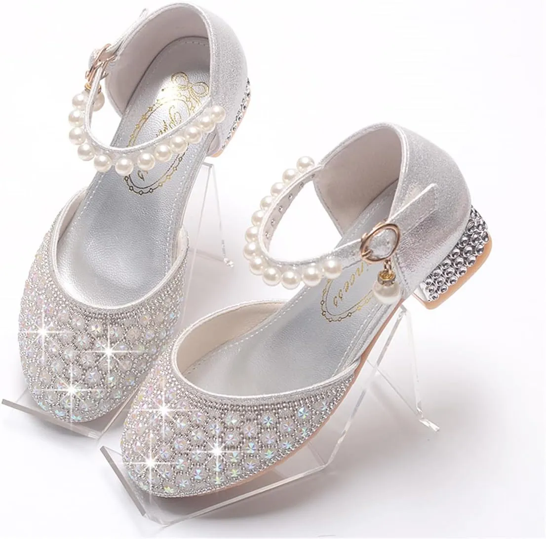 Girls Dress Shoes Mary Jane Sparkly Ballet Flats for Kids Pearl Chain Princess Shoes for Dress-Up Party 5533