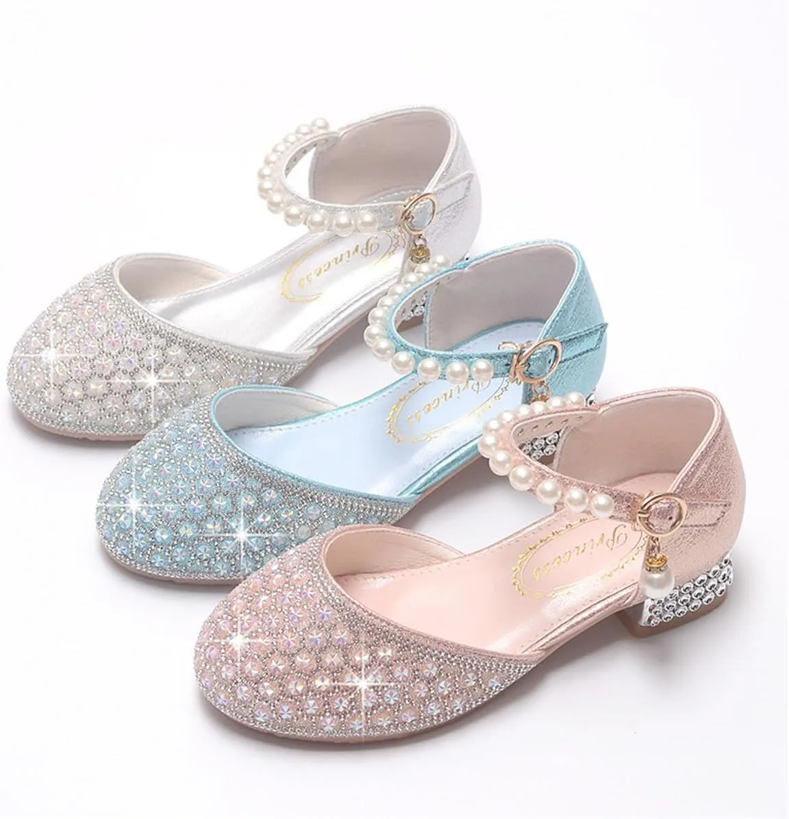 Girls Dress Shoes Mary Jane Sparkly Ballet Flats for Kids Pearl Chain Princess Shoes for Dress-Up Party 5533