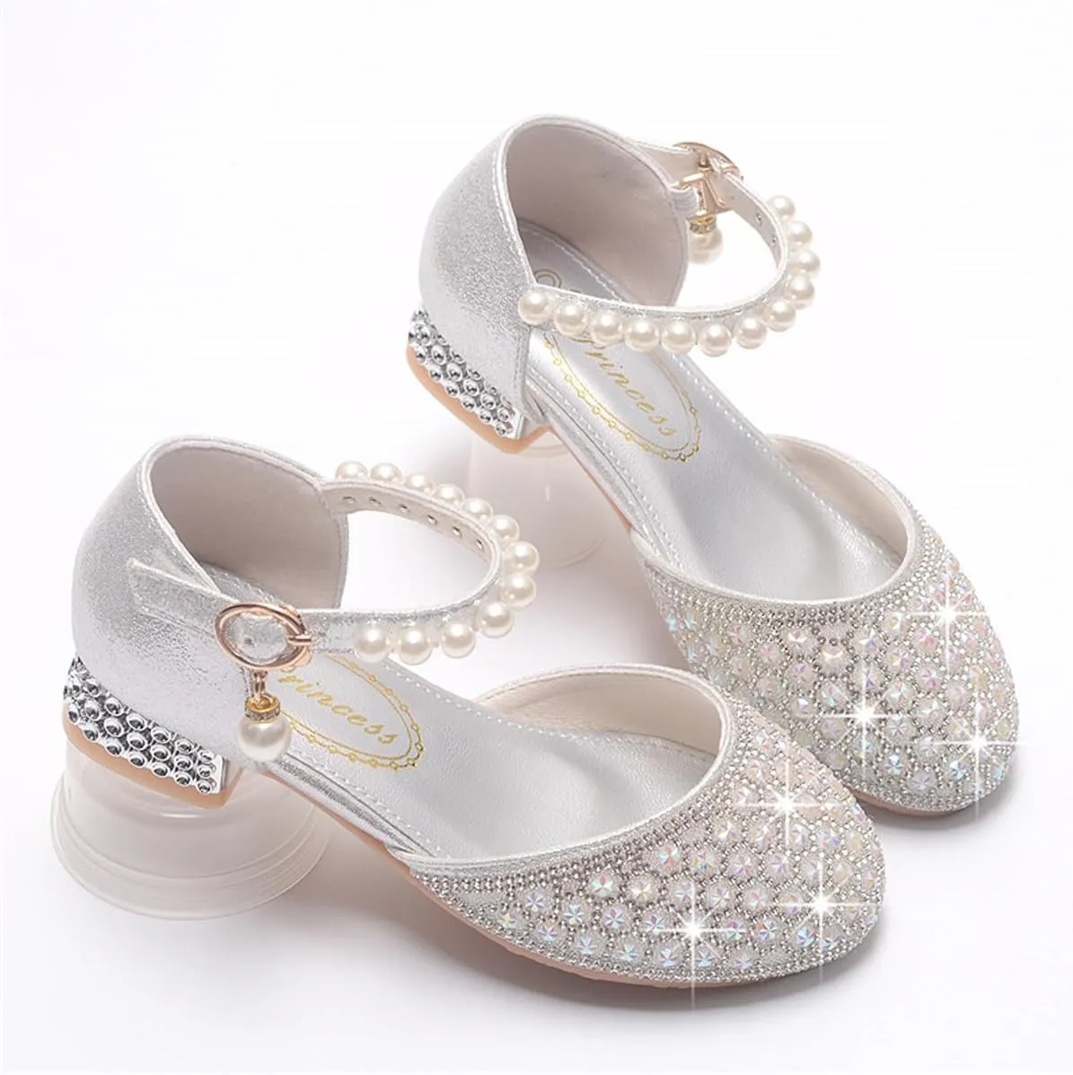 Girls Dress Shoes Mary Jane Sparkly Ballet Flats for Kids Pearl Chain Princess Shoes for Dress-Up Party 5533