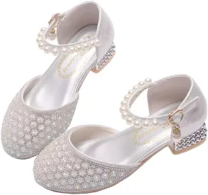 Girls Dress Shoes Mary Jane Sparkly Ballet Flats for Kids Pearl Chain Princess Shoes for Dress-Up Party 5533