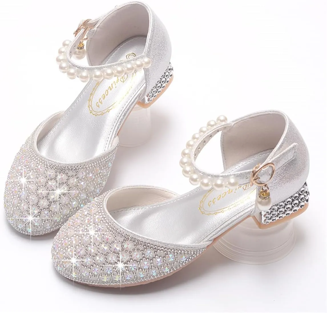 Girls Dress Shoes Mary Jane Sparkly Ballet Flats for Kids Pearl Chain Princess Shoes for Dress-Up Party 5533