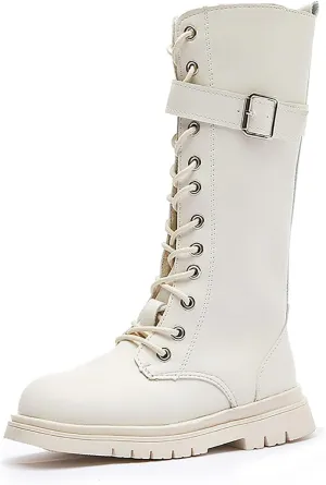 Girls Leather Lace Up Knee High Boots with Side Zipper Fashion Comfortable Round Toe Low Heel Combat Riding Boots Winter Fur Lined Tall Boots Little Kid/Big Kid