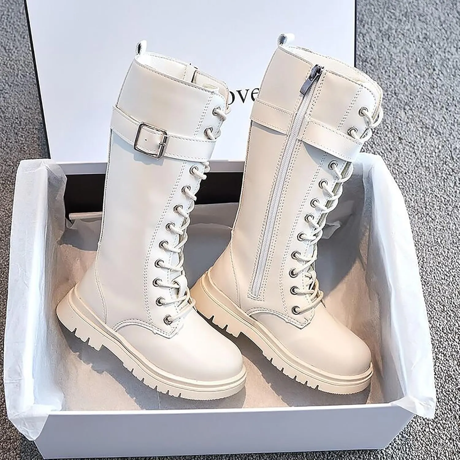 Girls Leather Lace Up Knee High Boots with Side Zipper Fashion Comfortable Round Toe Low Heel Combat Riding Boots Winter Fur Lined Tall Boots Little Kid/Big Kid
