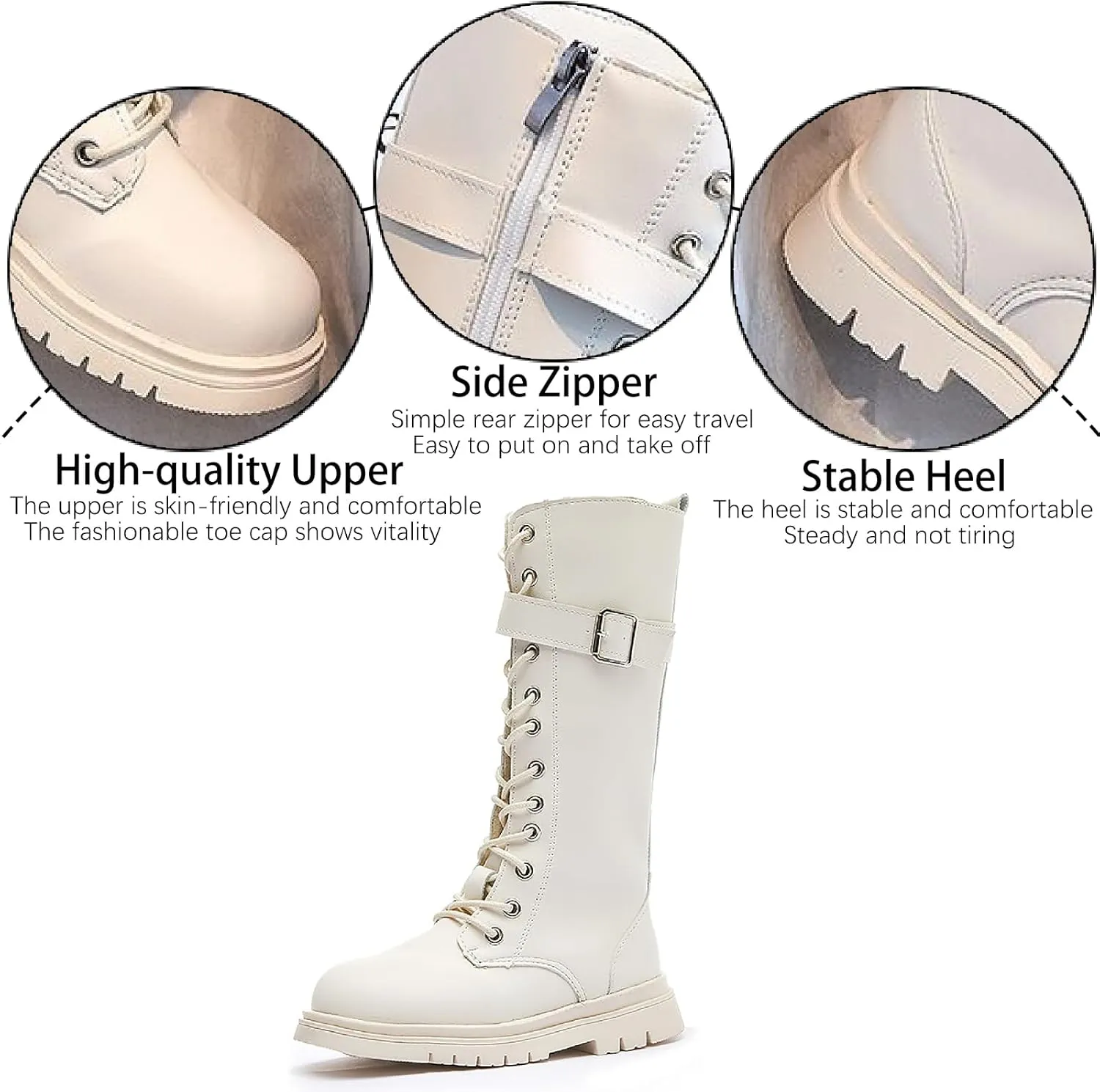 Girls Leather Lace Up Knee High Boots with Side Zipper Fashion Comfortable Round Toe Low Heel Combat Riding Boots Winter Fur Lined Tall Boots Little Kid/Big Kid